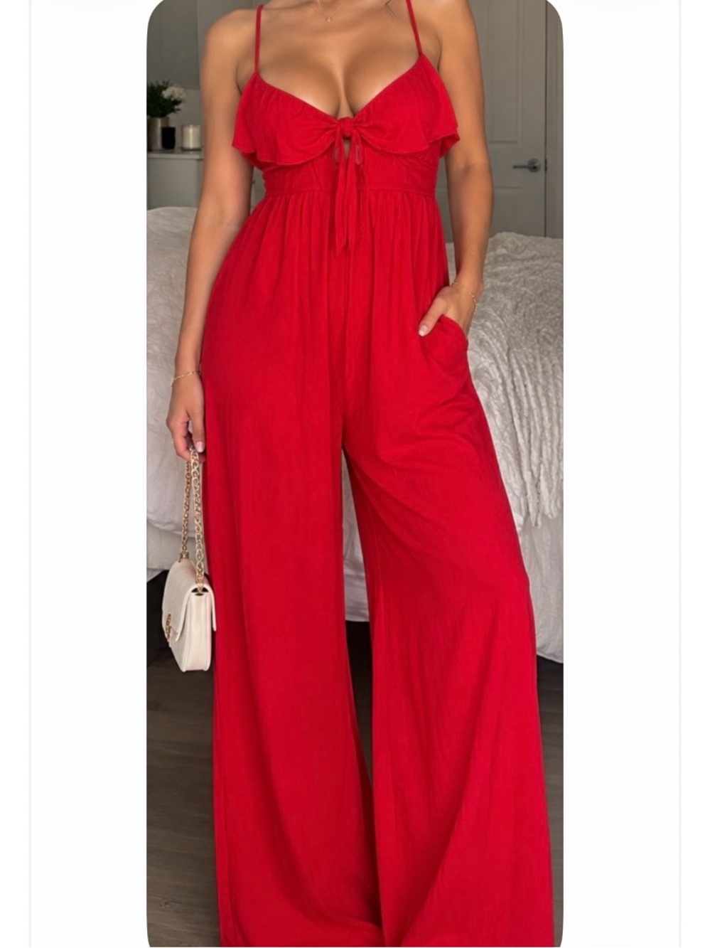 Francesca's Collections Red Tie-Front Wide-Leg Jumpsuit